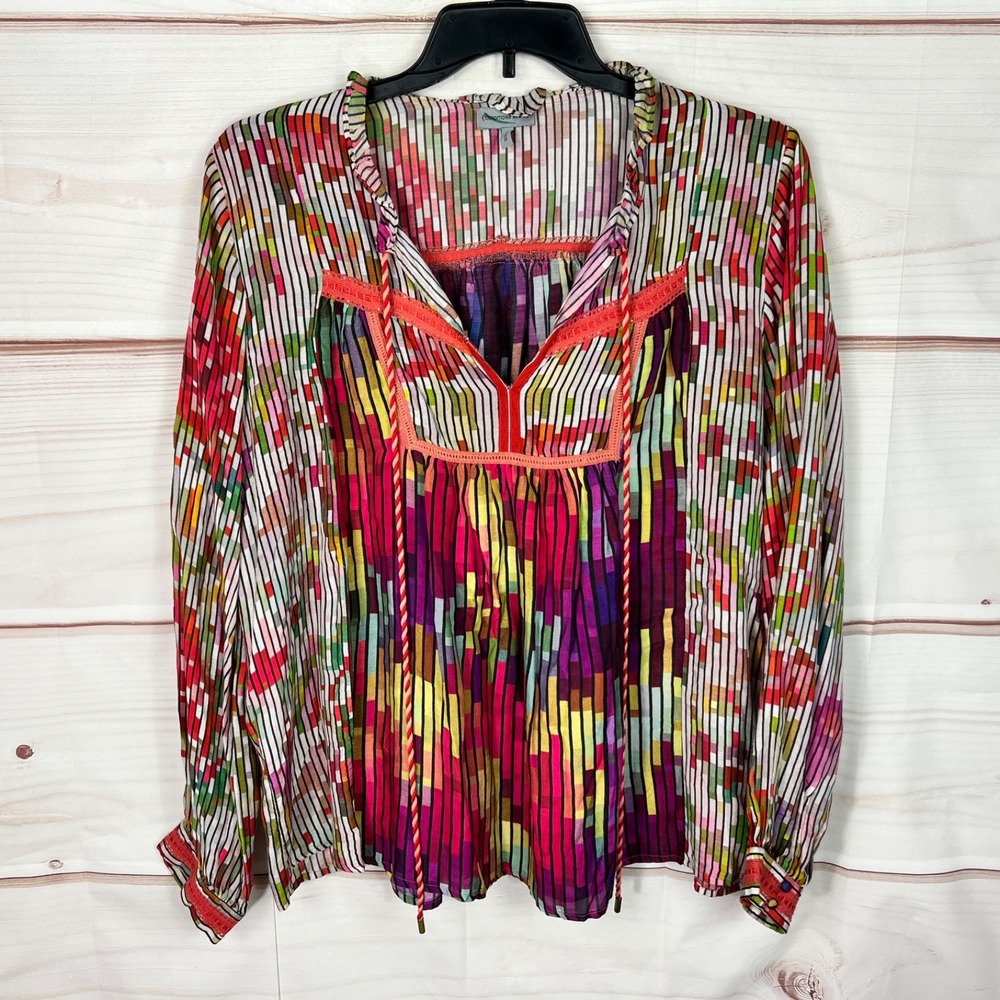Conditions Apply Top Womens XL Colorful Striped Geometric Blouse Tassels Boho